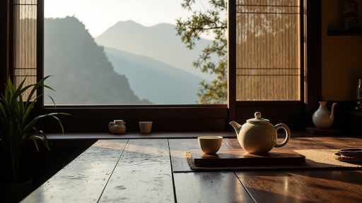 一张极简风格的照片，木桌上放着一杯茶，旁边是一扇半开的窗户，窗外是模糊的绿意，营造宁静致远的氛围