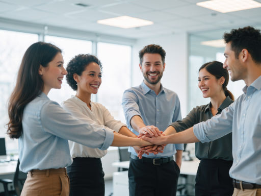 四位团队成员在办公室的合影，背景是简约的办公环境，四人面带微笑，展现团队合作的专业形象