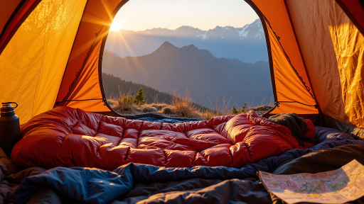 全屏户外装备照片，整齐摆放的帐篷、睡袋、登山包、手冲壶、书籍等户外用品，背景为自然环境，展现户外生活的准备与规划