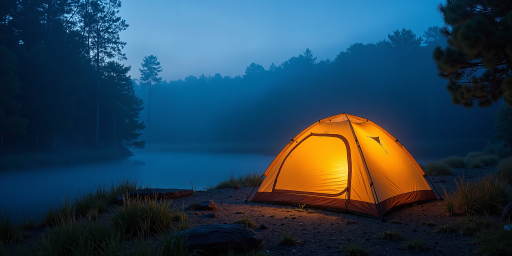 星空下的帐篷照片，夜晚的天空布满繁星，一顶帐篷安静地立在草地上，远处有篝火的微光