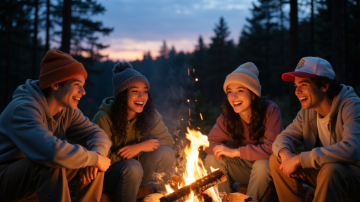 一群人在古镇广场上围坐篝火聊天的场景，背景是古朴的老建筑，篝火发出温暖的光芒，人们面带笑容，展现和谐融洽的社群氛围