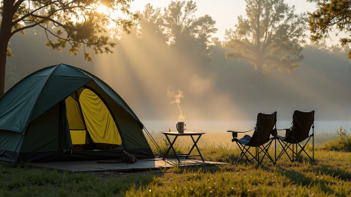 清晨雾气中的山林、孤独但舒适的帐篷、透过树叶的阳光