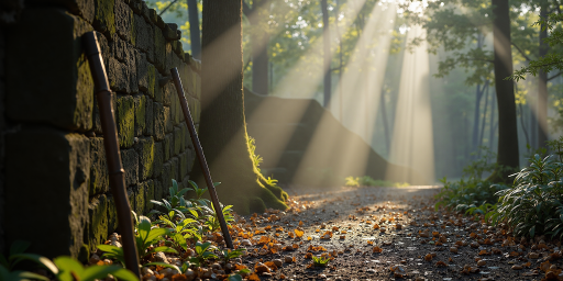蜿蜒的山路照片，山径两旁是茂密的树林，阳光透过树叶洒在小径上，形成斑驳的光影效果