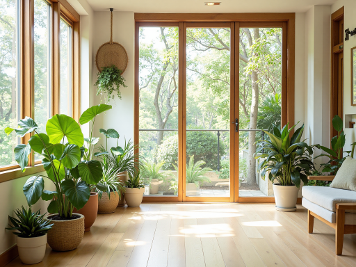 温馨的室内空间，柔和灯光照亮木质家具，摆放着绿植和书籍，营造温暖舒适的居家氛围