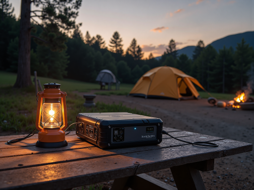 一张露营灯、手冲壶、冲锋衣的照片，背景为户外环境，装备摆放整齐，体现户外实用性