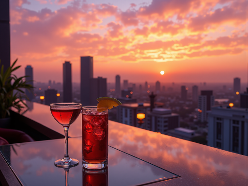 商场顶层天台的视角，木质长椅上放着一杯咖啡，远处是城市的天际线，夕阳将天空染成橙红色