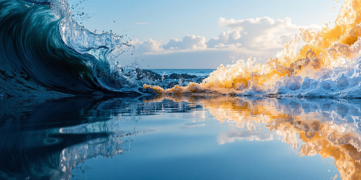冲浪者在海浪上的照片，一名冲浪者正在驾驭巨浪，海水飞溅，阳光照射在水花上形成彩虹般的光泽